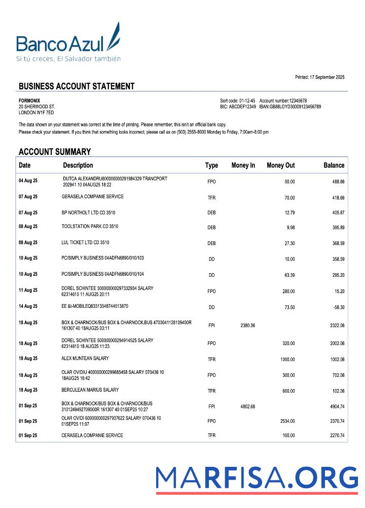 Printable Salvador Banco Azul firm account statement Word and PDF template